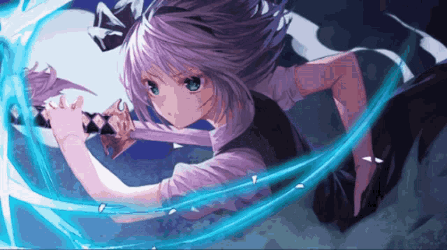 a girl with purple hair is holding a sword in her right hand