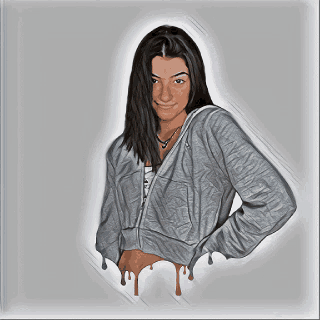 a drawing of a woman in a gray hoodie