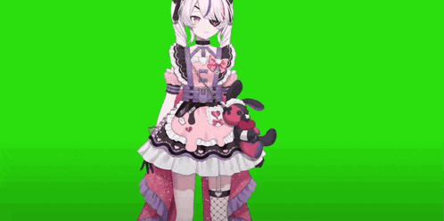 a girl in a maid dress is laying on her back on a green screen .