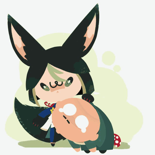 a cartoon drawing of a fox holding a baby with a rainbow in its mouth