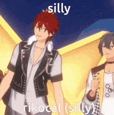two anime characters are standing next to each other with the words silly rikocal silly