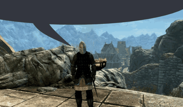 a man in a knight 's helmet stands in front of a mountain range with a speech bubble above him