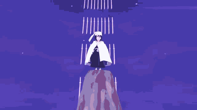a woman in a white cape is standing in front of a purple background with swords