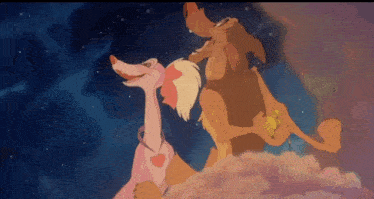 a couple of cartoon animals standing next to each other with one wearing a pink shirt with hearts on it