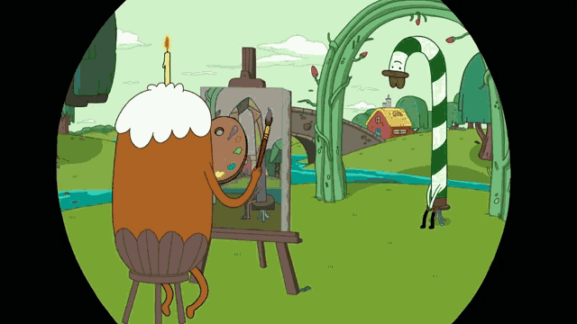 a cartoon character is painting on an easel