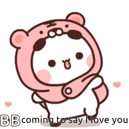 a cartoon bear is wearing a pink bear costume and saying `` bb coming to say i love you ''