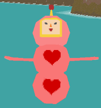 a cartoon character with three red hearts on it