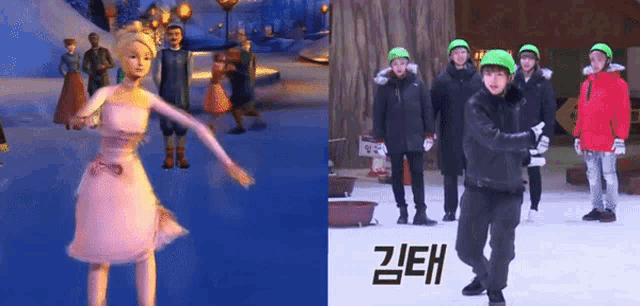 a picture of a barbie doll and a picture of a group of people ice skating