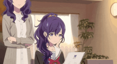 a girl with purple hair is sitting at a desk with a notebook that says ' microsoft ' on it