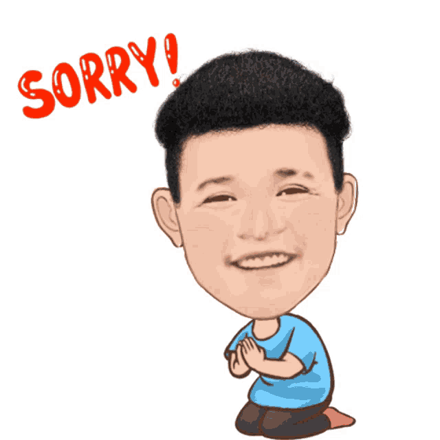 a cartoon of a man kneeling down with the word sorry written above him