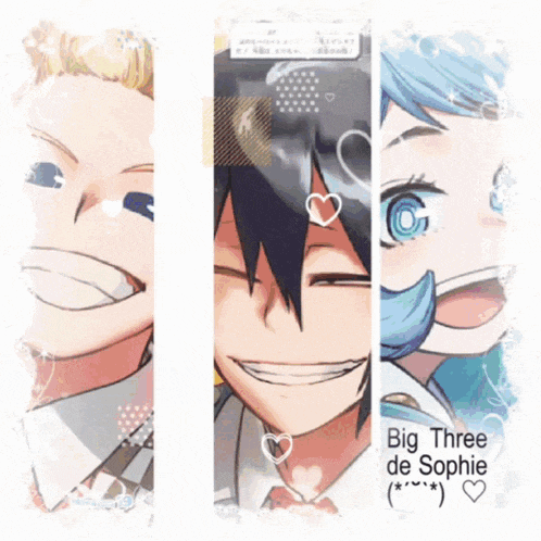 a picture of three anime characters with big three de sophie written on the bottom