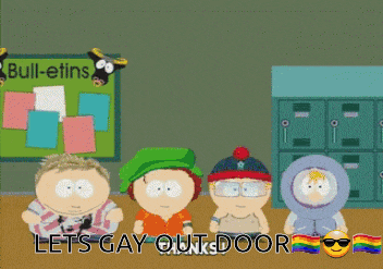 a group of south park characters standing in front of a bulletin board