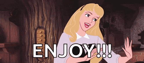 a cartoon of sleeping beauty with the words enjoy written below her