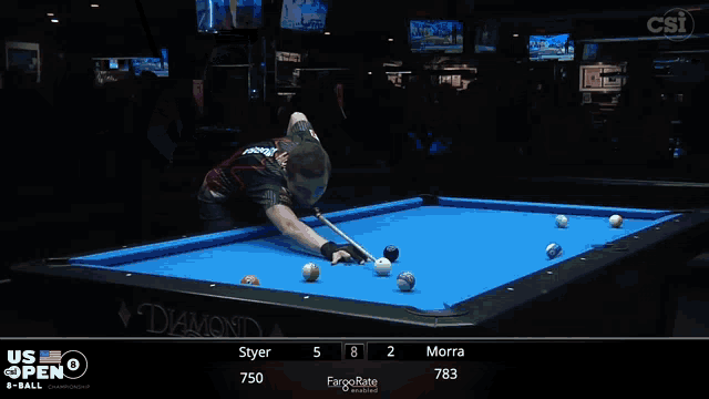 a pool table with a man holding a cue on it