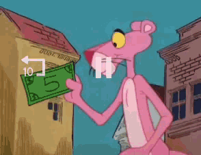 a pink panther is standing in front of a thought bubble with dollar signs in it