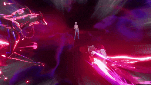 a person is holding a sword in a video game and a purple light is coming out of them .