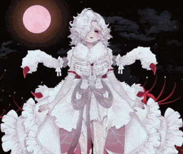 a drawing of a woman in a white dress standing in front of a full moon