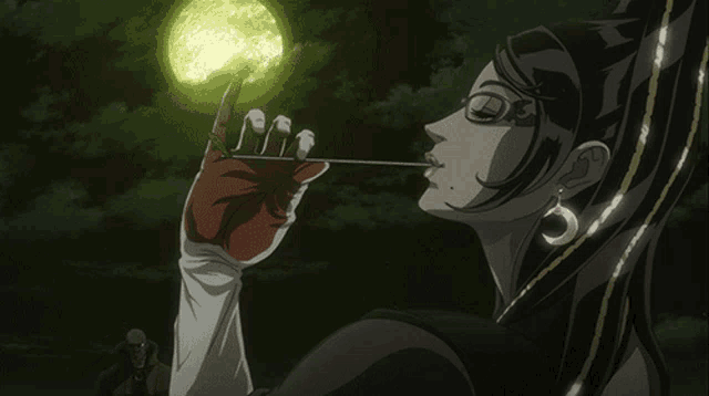 a woman with a lollipop in her mouth is blowing bubbles in front of a full moon