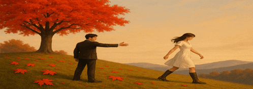 a painting of a man and a woman standing on a hill with a tree in the background