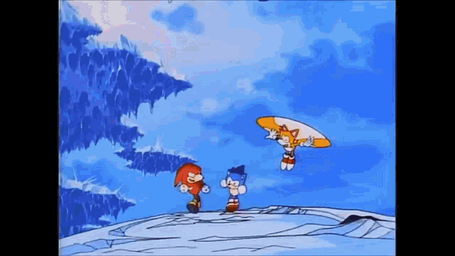 a group of cartoon characters are standing on top of a snowy hill .