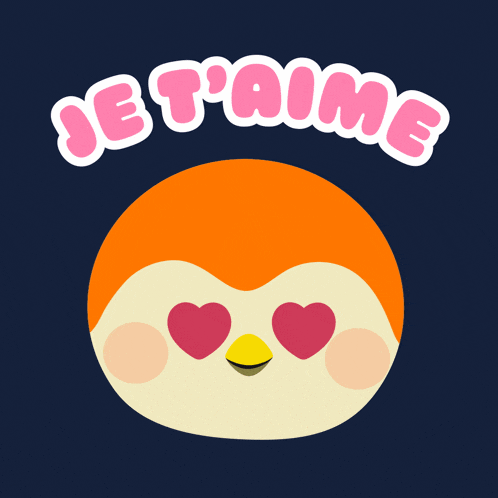a penguin with hearts in its eyes and the words je t'aime below it