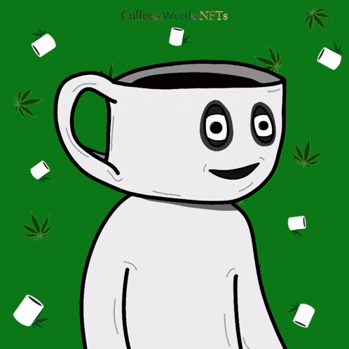 a cartoon drawing of a cup of coffee with marshmallows and marijuana leaves on a green background