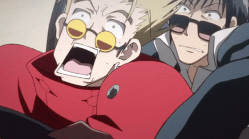 a man in a red jacket is screaming with his mouth wide open