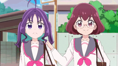 two anime girls are standing next to each other and one has glasses on