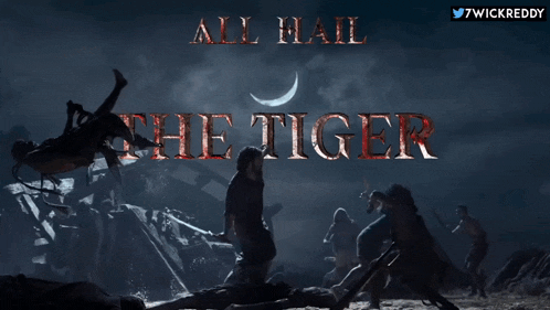 a poster for all hail the tiger with a man holding a sword