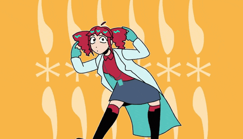 a cartoon of a girl in a lab coat standing in front of stars