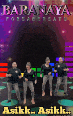 a group of people dancing in front of a sign that says baranaya