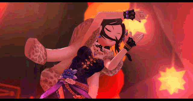 a cartoon girl in a purple dress is dancing in a dark room
