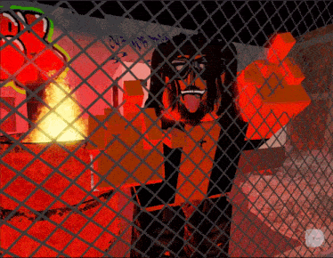 a cartoon character is behind a chain link fence with graffiti on the wall that says ' oyz hop train '