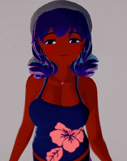 a girl with purple hair is wearing a blue tank top with pink flowers