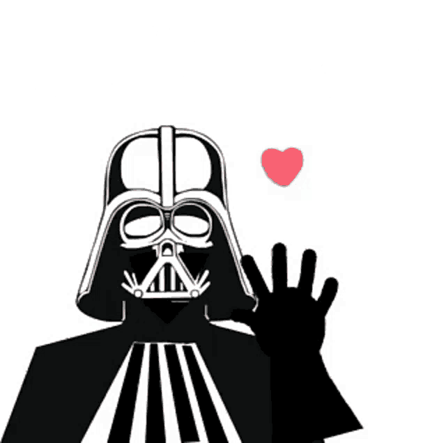 darth vader is wearing a helmet and waving his hand with a heart in his hand .