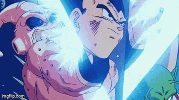 a cartoon character is holding a lightning bolt in his hand while fighting another character .