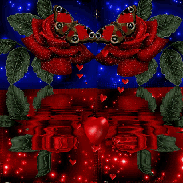 a butterfly is sitting on a red rose surrounded by red hearts