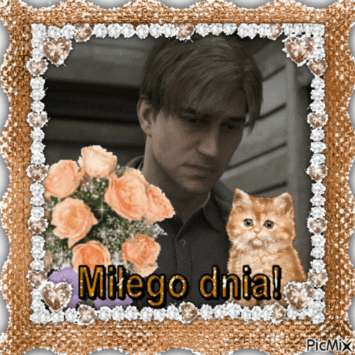 a picture of a man with flowers and a cat with the words " miego dnia " on it