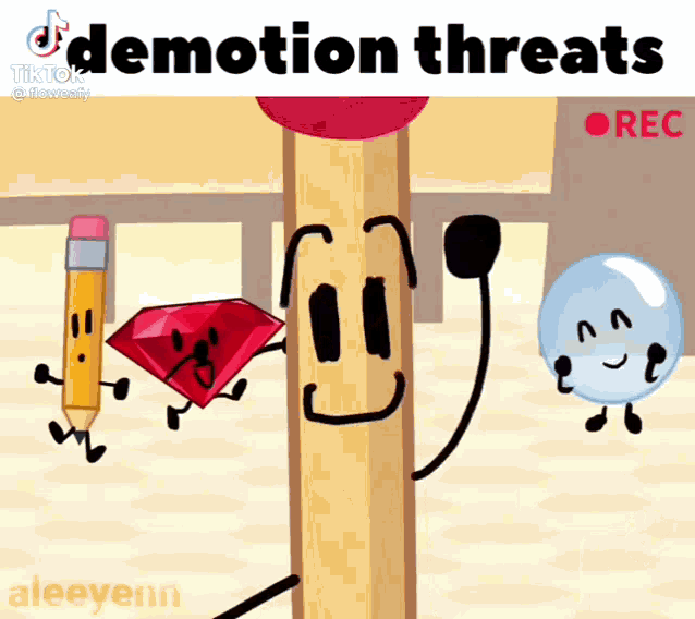 a cartoon drawing of a pencil a diamond and a ball with the words " demation threats " on the bottom