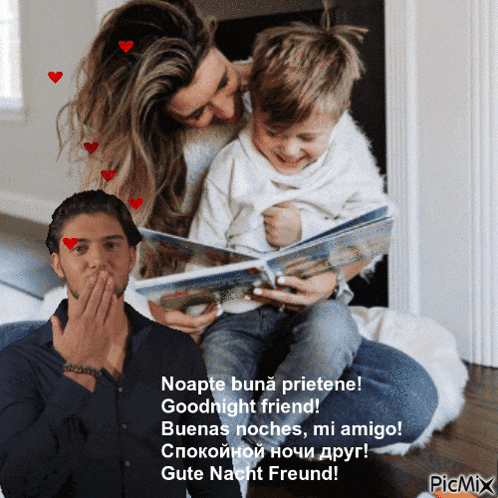 a picture of a woman reading a book to a child with a caption that says goodnight friend