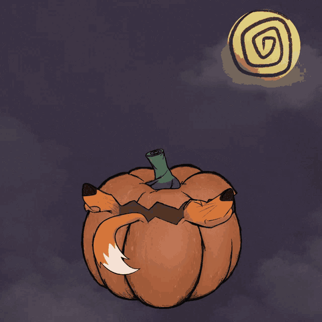 a cartoon drawing of a pumpkin with a fox 's face on it