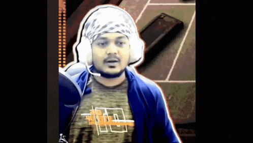 a man wearing headphones and a bandana has a t-shirt that has the letter r on it