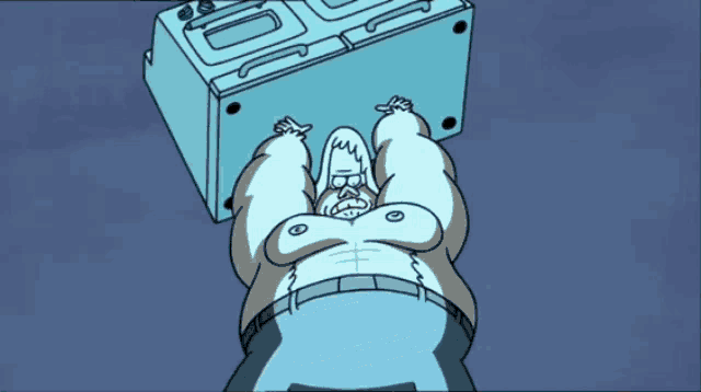 a cartoon drawing of a yeti flexing his muscles against a wall