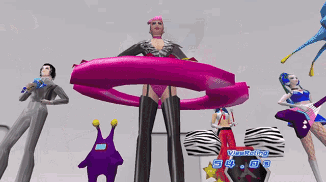 a group of cartoon characters are standing around a sign that says 54.0