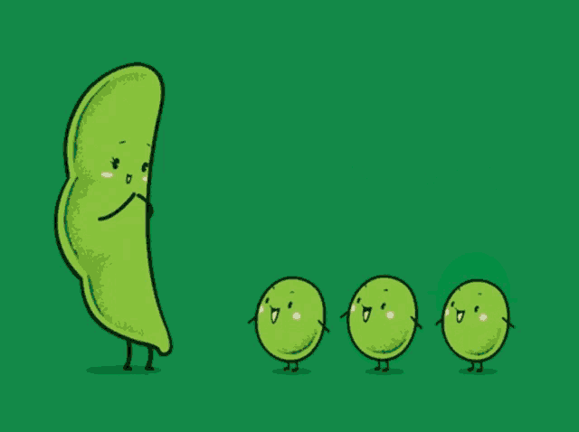 a cartoon illustration of a peas family standing next to each other