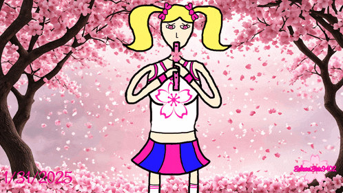 a drawing of a cheerleader playing a flute with a cherry blossom background