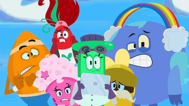 a group of cartoon characters standing next to each other
