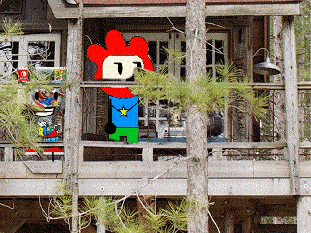 a cartoon character is standing on a porch with a nintendo switch behind him