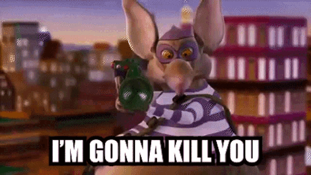 a cartoon mouse is holding a gun and says `` i 'm gonna kill you '' .