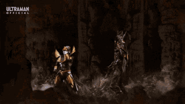 a lightning bolt is hitting a person in a dark cave .
